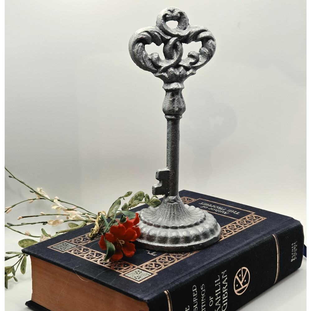 Vintage Cast Iron Standing Key Paperweight Painted Silver Beautiful Accent Decor